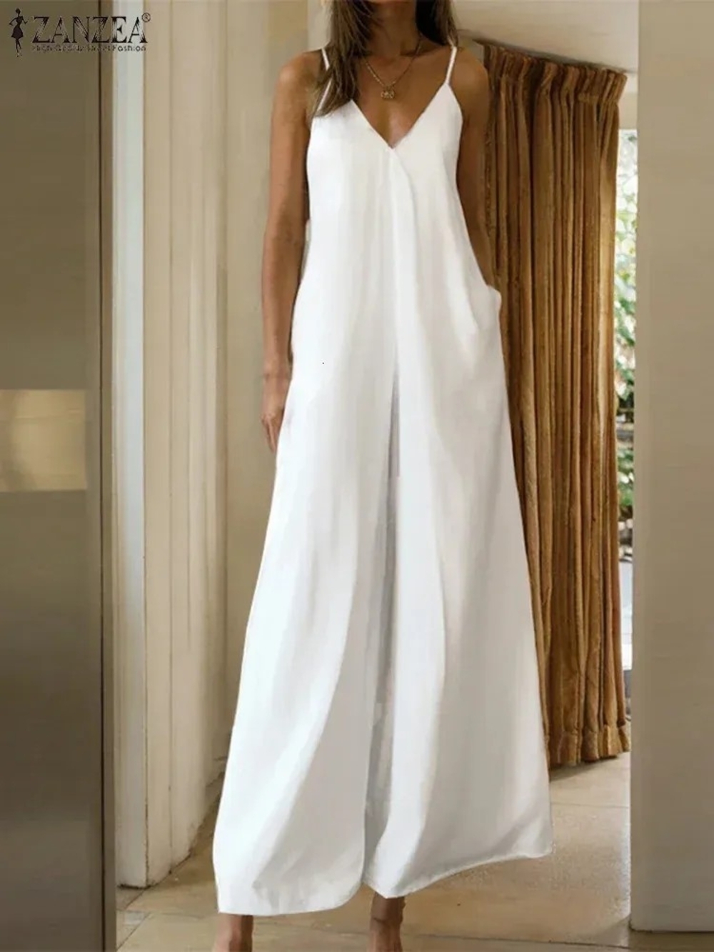 ZANZEA White V-Neck Wide-Leg Jumpsuit